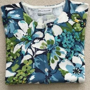 Alfred Dunner Blue Green White Floral Sequin Cardigan